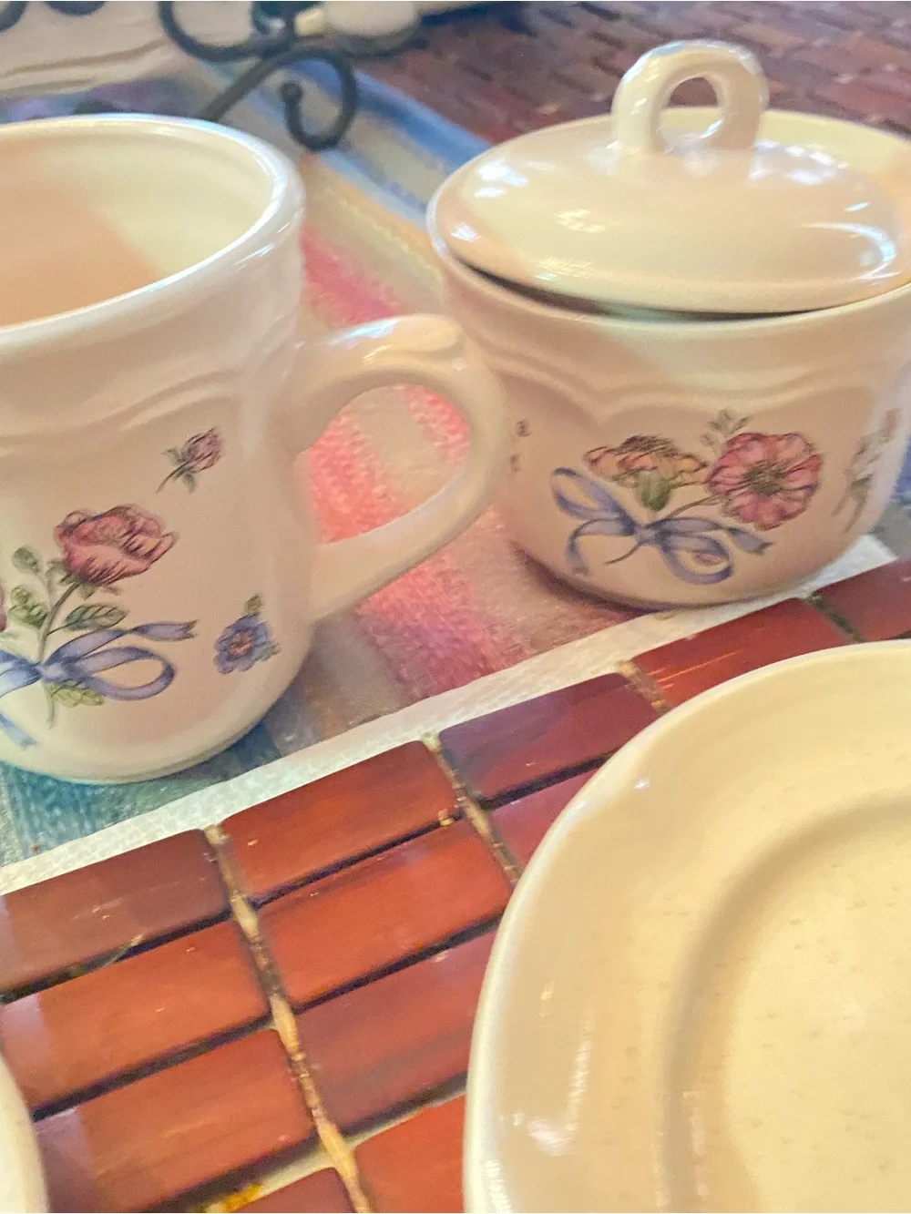 26 International Cream Ceramic Spoon Rest with Blue and Pink Floral Accents